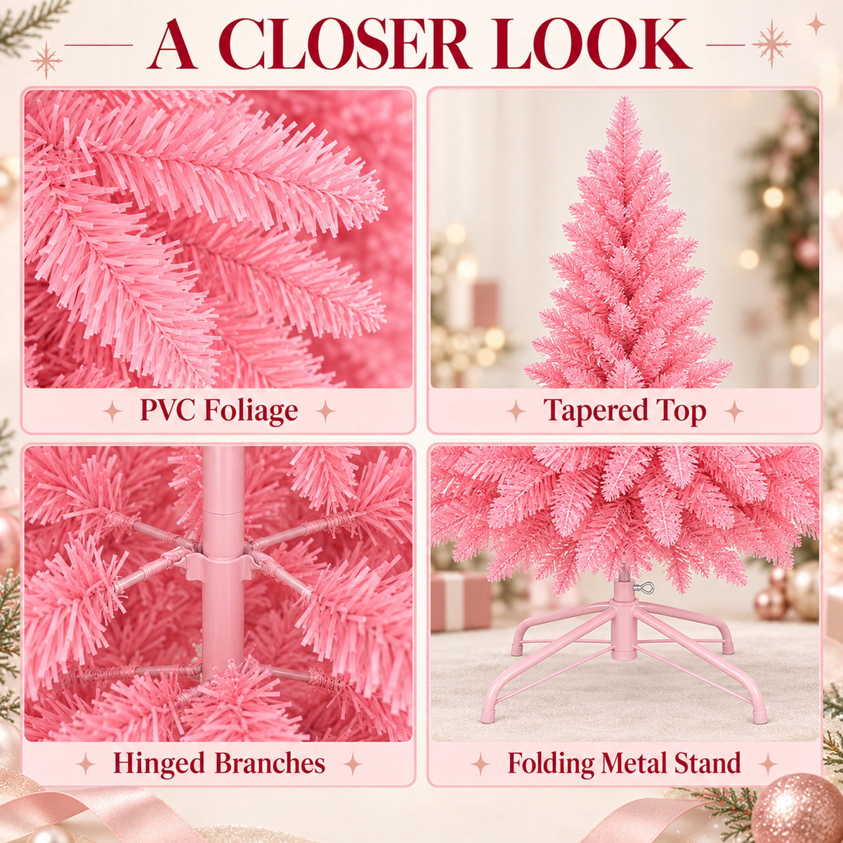 Ahititi 7 FT Red Christmas Tree, Slim Artificial Pencil Tree with 950 PVC Tips, Hinged Branches & Folding Stand, Holiday Decor
