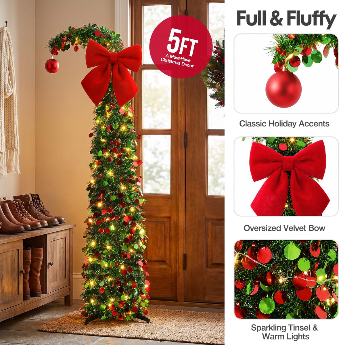 Ayieyill Christmas Tree 5FT Pencil Christmas Tree, Collapsible Pop up Tinsel Tree for Christmas Decorations Indoor, Pink