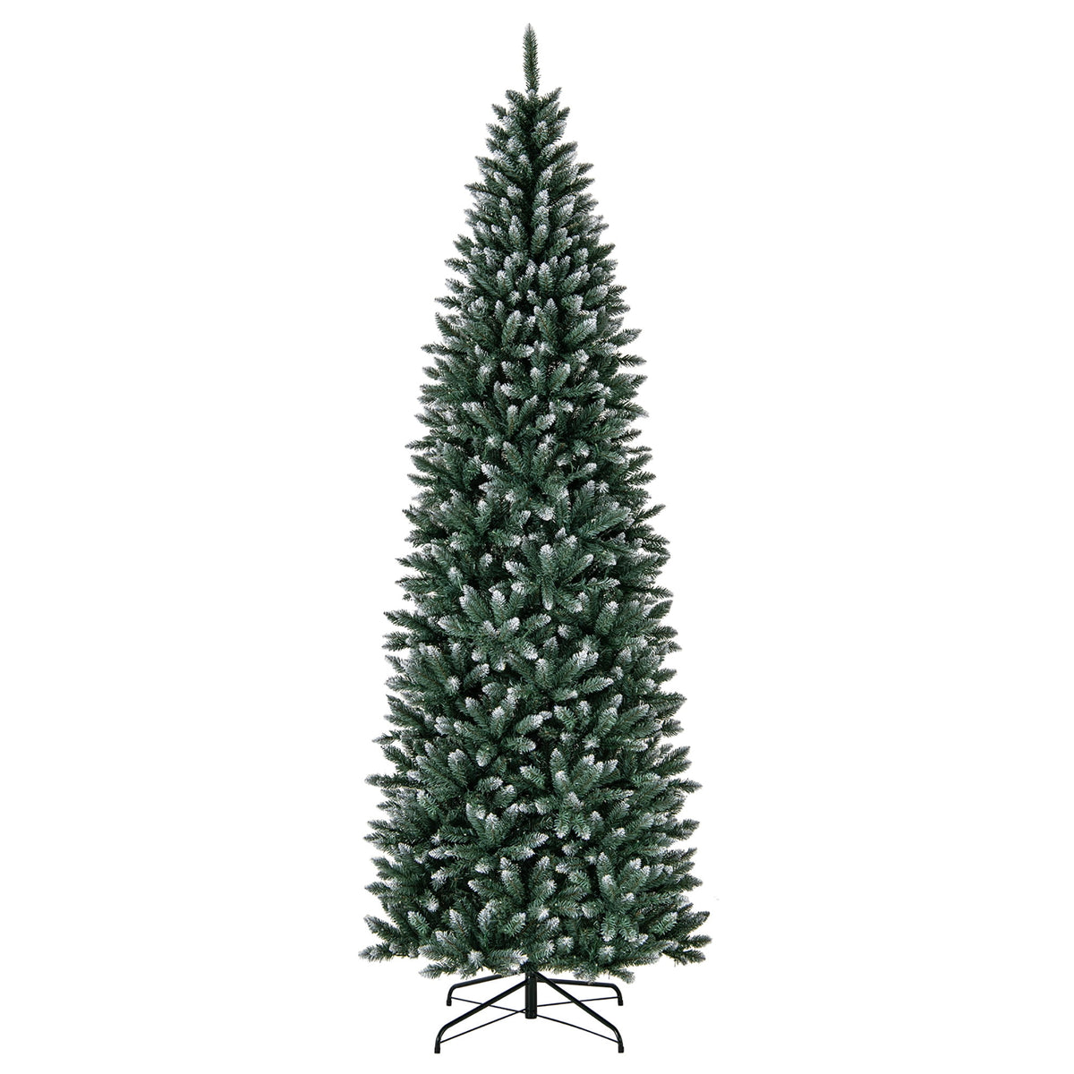 Gymax 9 FT Pre-Lit Artificial Christmas Tree Hinged Slim Pencil Xmas Tree w/ 1298 Snowy Branch Tips