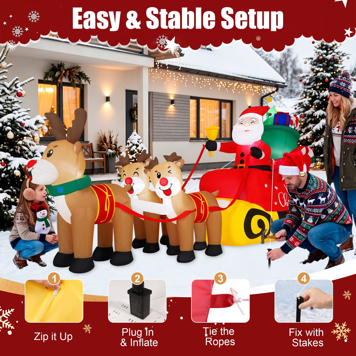 Firstness 8ft Christmas Inflatables Santa Claus on Sleigh with 3 Reindeer Xmas Blow ups with LED Lights Outdoor Yard Lawn Decoration