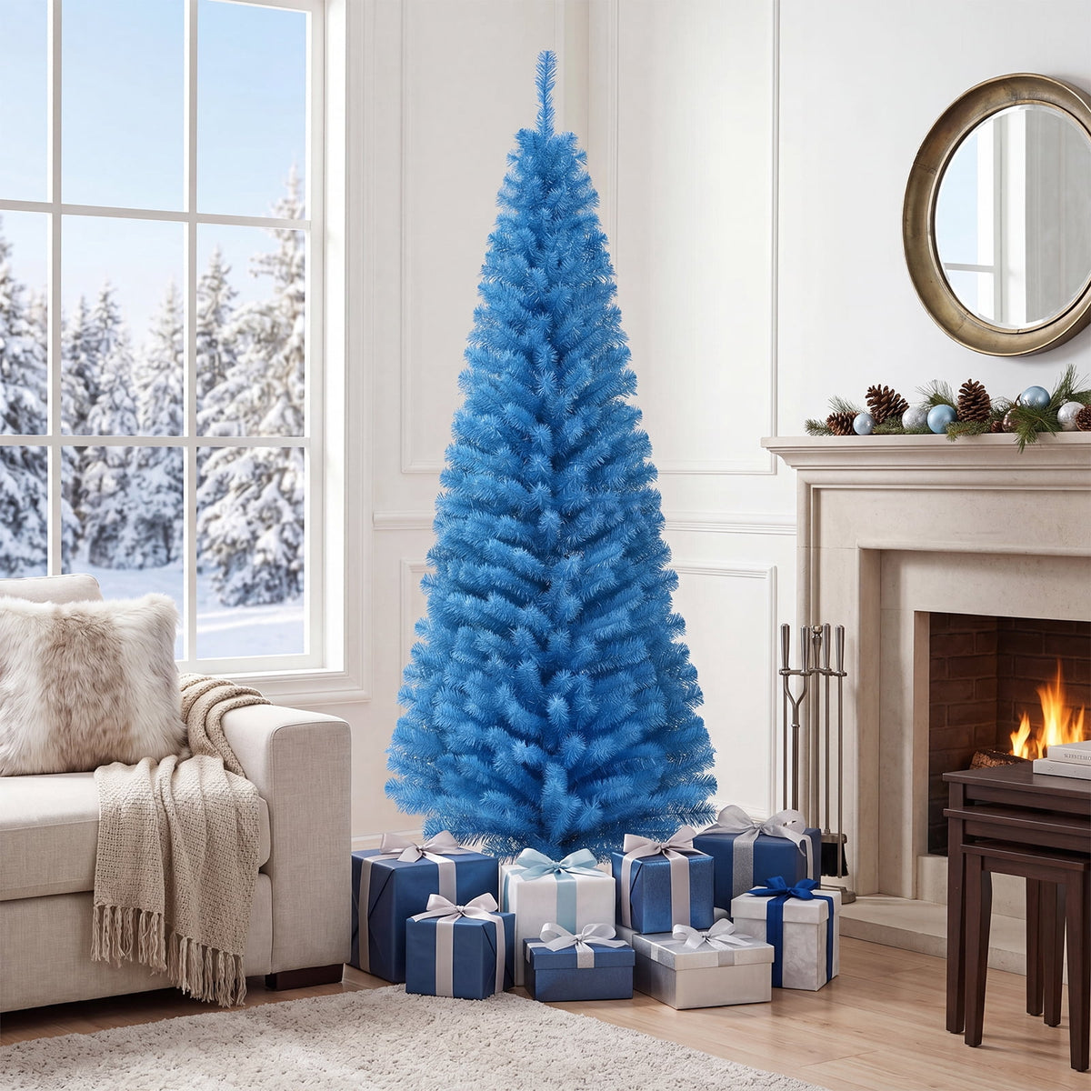 Costway 6FT Unlit Pencil Slim Tree Artificial Christmas Tree Metal Blue