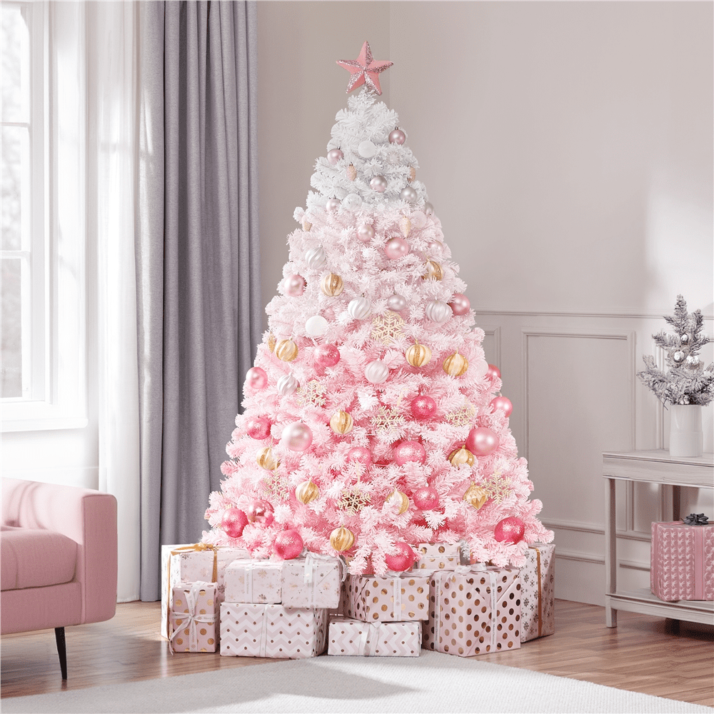 Alden Design 7.5 ft Pre-Lit Flocked Christmas Tree with Warm Lights, Frosted White