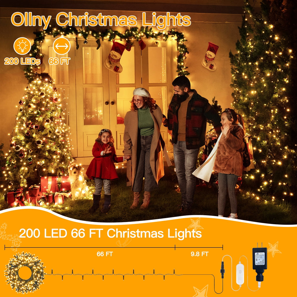 Ollny 66ft 200 LED Christmas String Lights, 8 Lighting Modes 3 Timing Waterproof Indoor Outdoor Christmas Lights for Party Garden Holiday, Warm-white