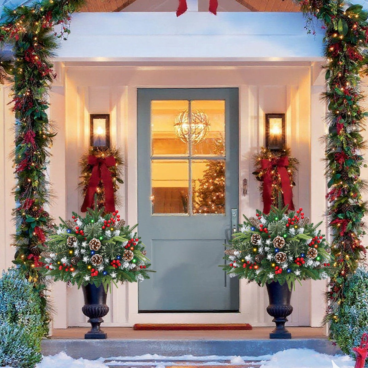 Ikfashoni 2 Pack Christmas Urn Filler, Pre-lit Outdoor Christmas Tree with Remote, Artificial Christmas Porch Pathway Decoration