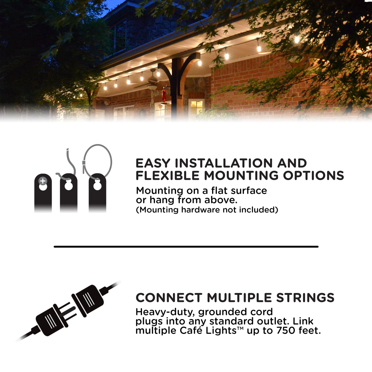 Enbrighten 48ft 24 Bulbs Vintage Indoor/Outdoor LED Café String Lights, Black Cord, 35631