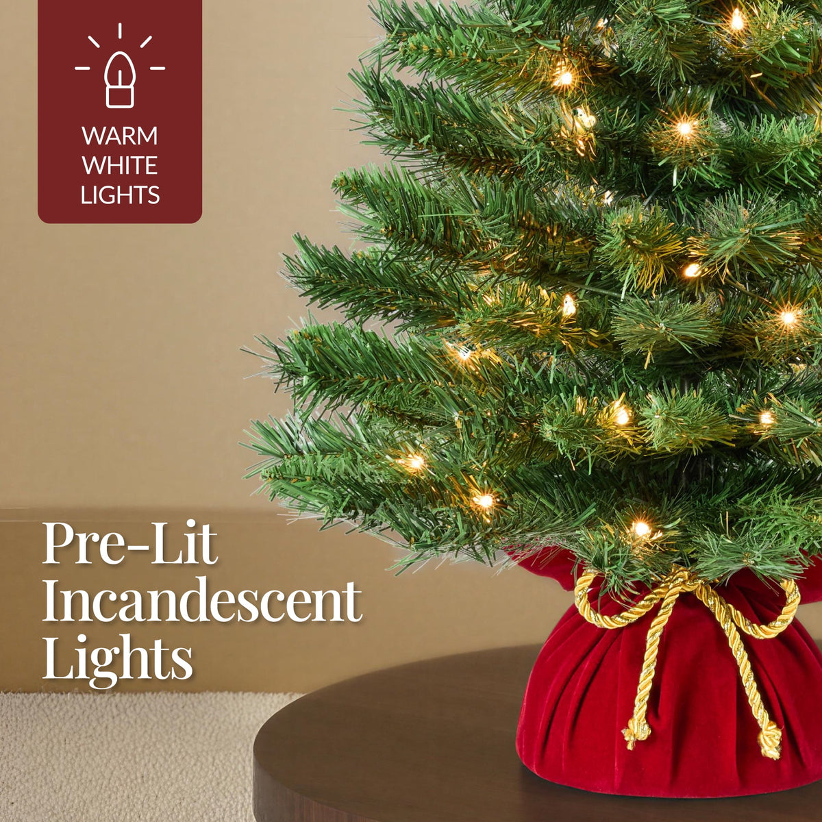 Best Choice Products Pre-Lit 24inch Tabletop Christmas Tree, Small Holiday Artificial Desktop Decor w/Warm White Lights, Red Velvet Cover