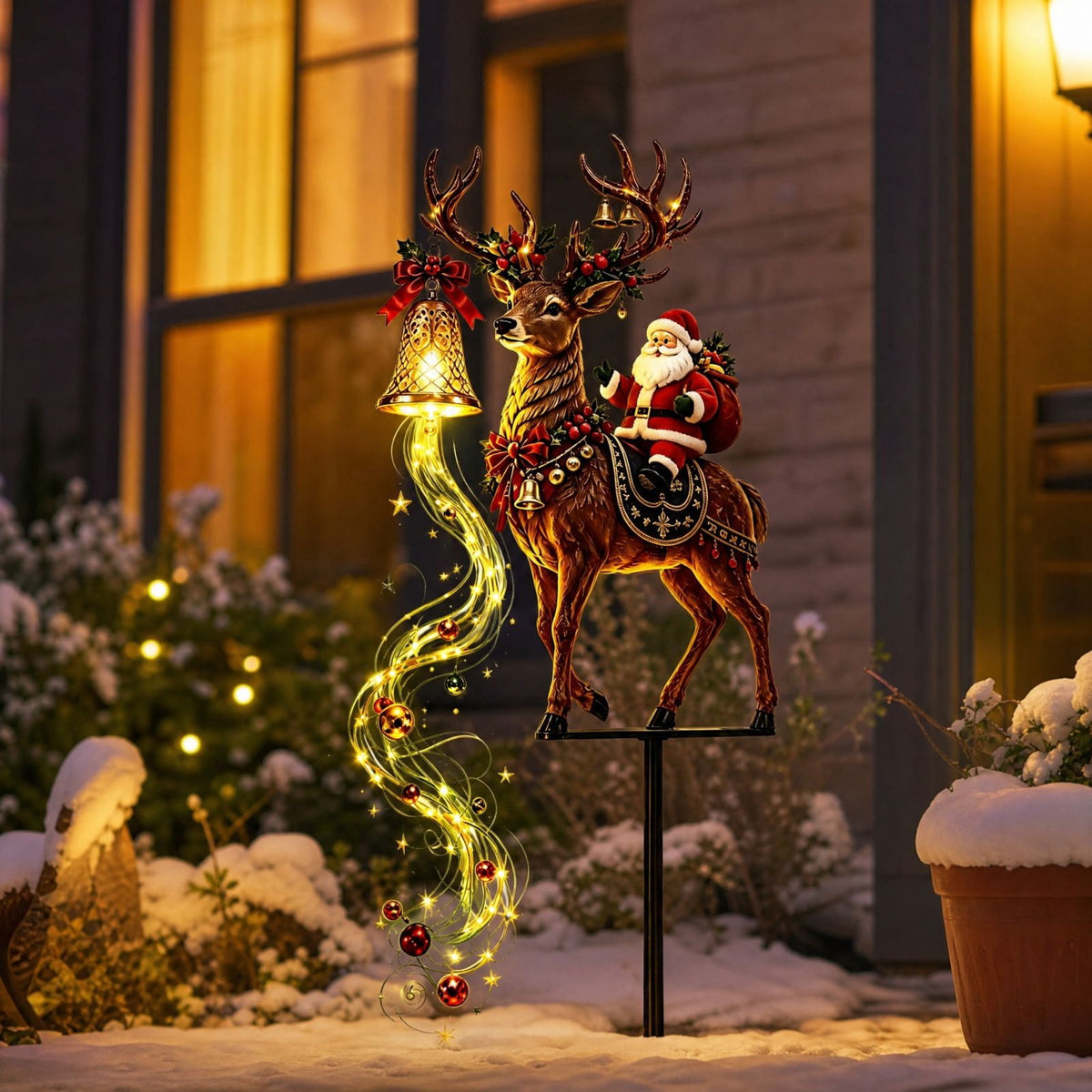Christmas Reindeer Lighted Yard Stake, Bell and Snowflake Outdoor Decor for Lawn Garden Pathway Porch Holiday Display, 31.9 in