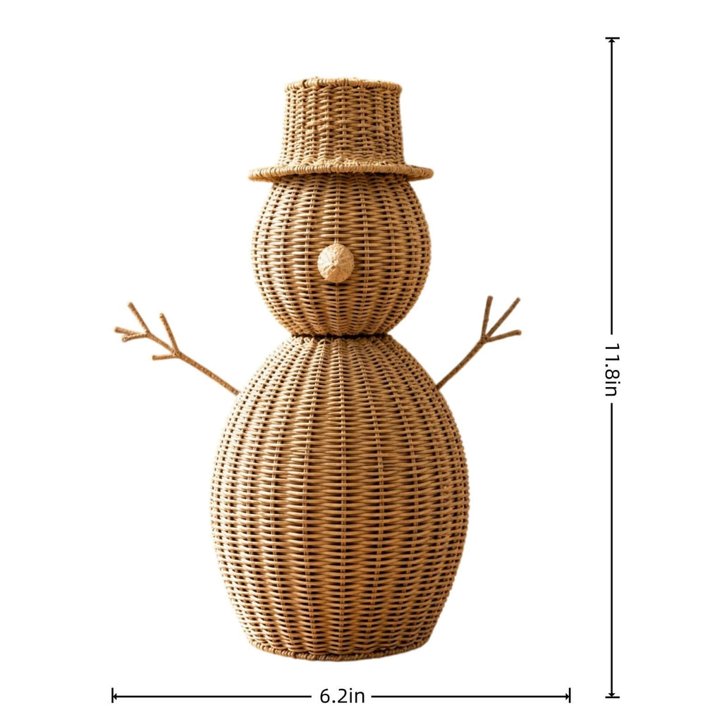 FeiBiQiuBi 14.9" Resin Rattan Style Snowman, Rustic Snowman Decorations with Bow, Woven Natural Style Freestanding Design Winter Farmhouse Decor for Home Kitchen Garden, Holiday Table Mantel Decor