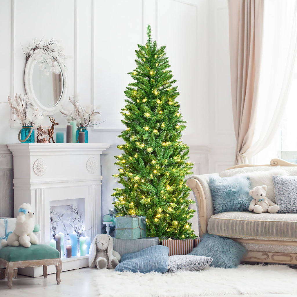 Costway 6Ft Pre-lit Artificial Pencil Christmas Tree Hinged Fir PVC Tree with 250 LED Lights