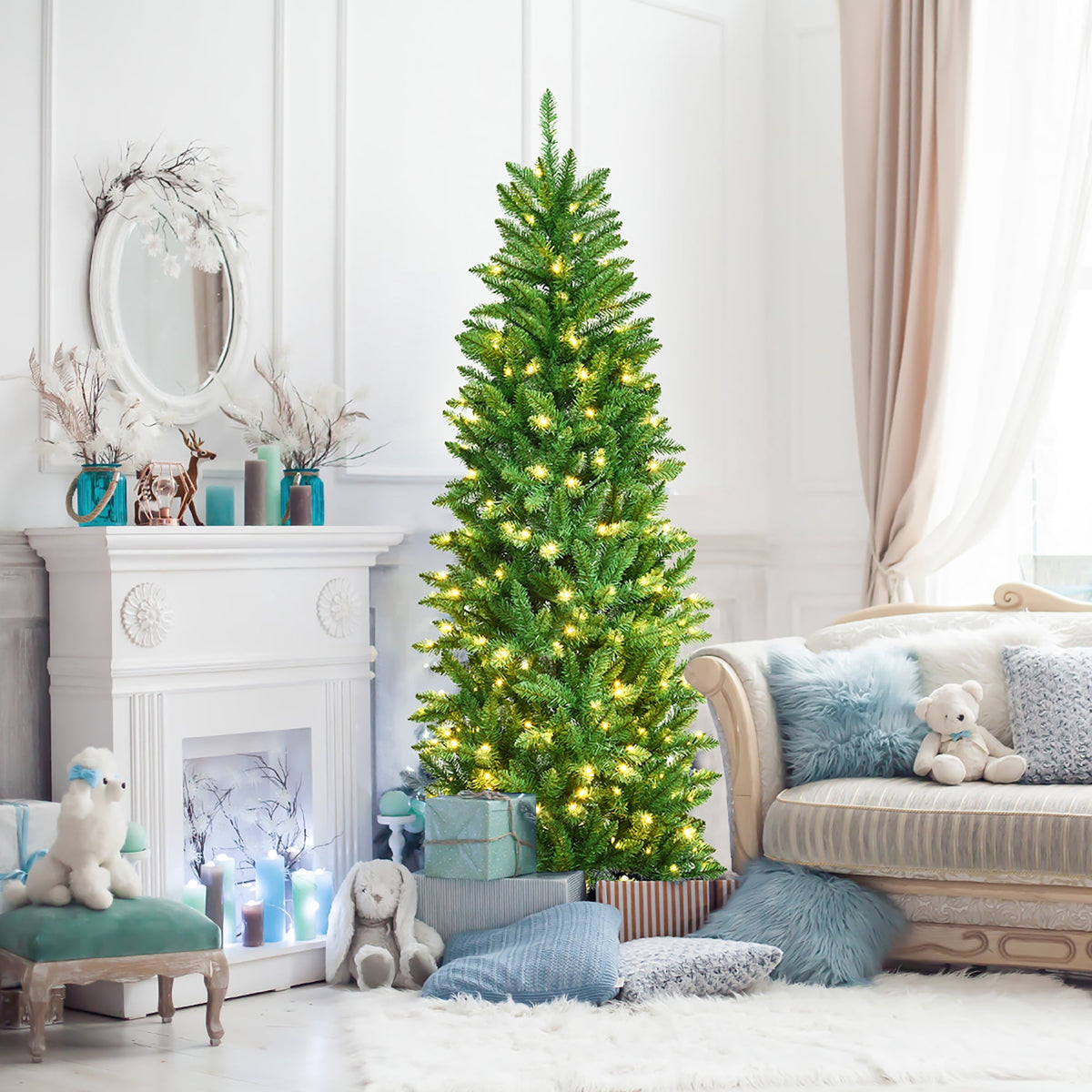 Costway 6Ft Pre-lit Artificial Pencil Christmas Tree Hinged Fir PVC Tree with 250 LED Lights