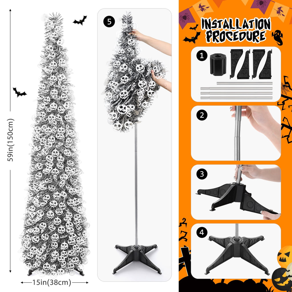 Ayieyill 5ft Halloween Tree Prelit, Pencil Pop up Tree with Light Halloween Decoration | Indoor | Black