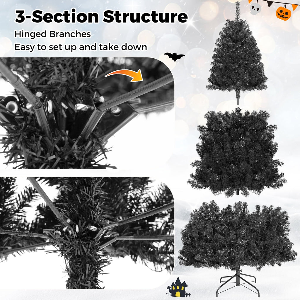 Gymax 6 FT Pre-Lit Black Halloween Christmas Tree Full Artificial Hinged Tree