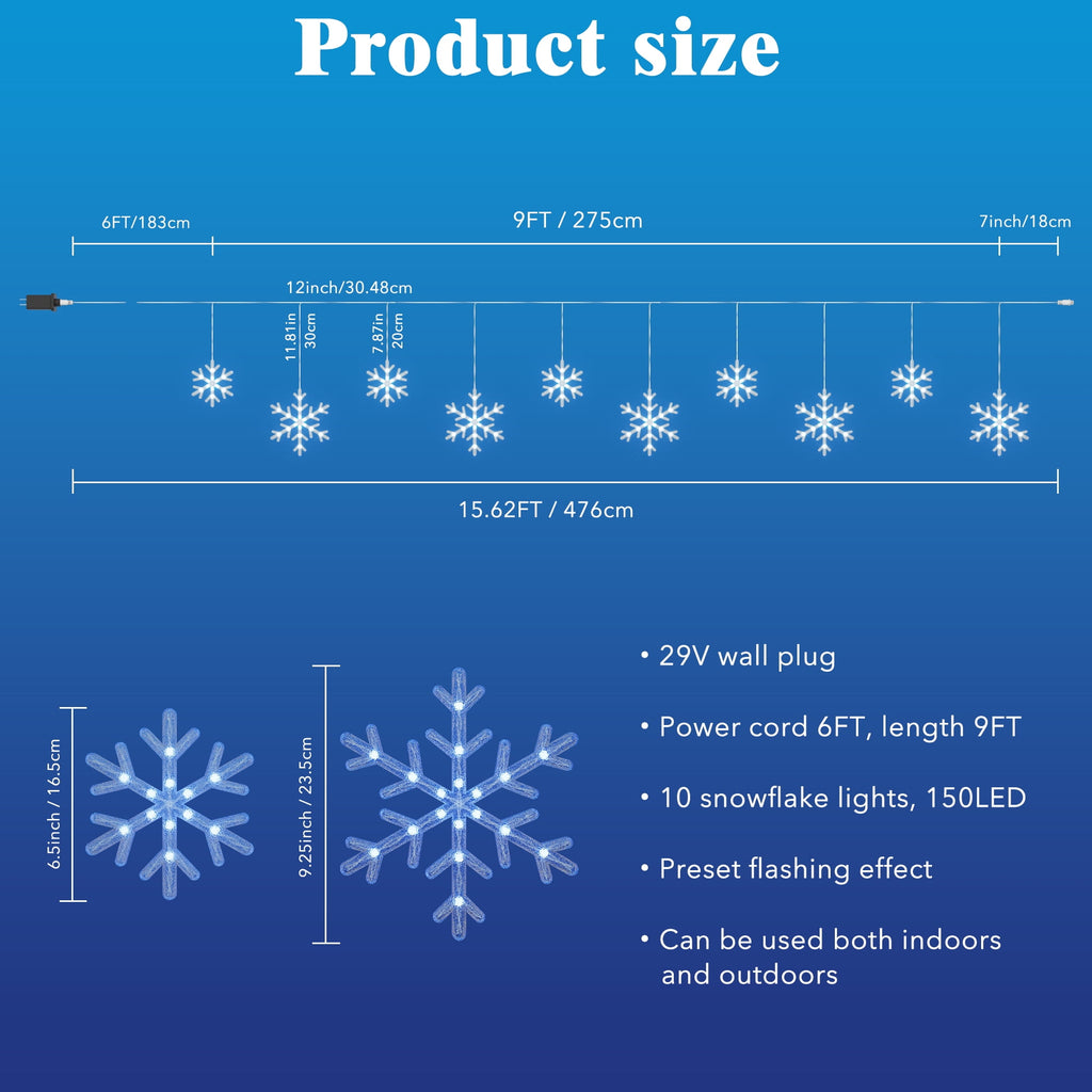 BeatiNeon 9ft Christmas Snowflake String Lights, 10 Pcs Blue & Cool White LED Snowfall Lights with Twinkle Effect, Connectable Indoor Outdoor Waterproof Holiday Decor for Eaves, Garden, Yard, Indoor