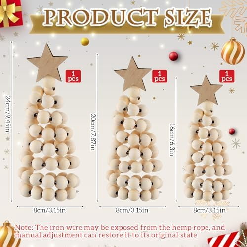 3 Pcs Christmas Tree Decor 3 Sizes 6/8/10 Inch Small Boho Artificial Christmas Tree Tabletop Decor for Home Shelf Mantel Table Party Supplies(Bead Style,Wood)