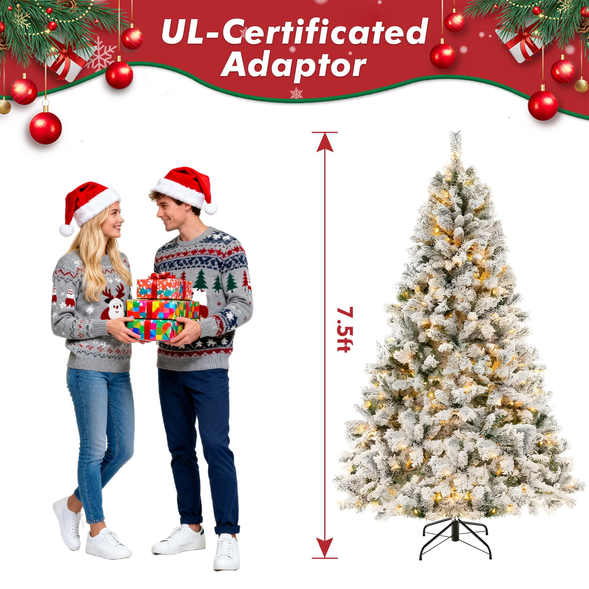DAYBETTER 6ft Artificial Christmas Tree, Snow Flocked Christmas Pine Tree, with 210 Warm White Lights, 627 White Tips Branch, Includes Metal Stand for Xmas Holiday, Indoor and Outdoor Decor