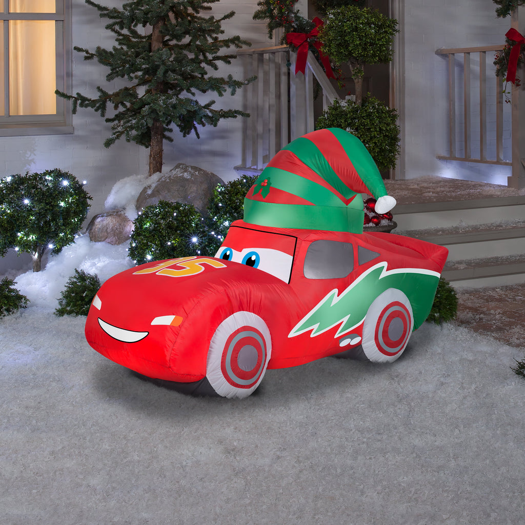 Gemmy Christmas Airblown Inflatable McQueen w/Stocking Cap S LG Disney, 3.5 ft Tall, Red