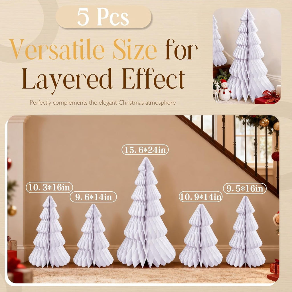 5 Pack Honeycomb Paper Christmas Trees, 3D Christmas Table Centerpieces for Mantel Tabletop Winter Home Decor