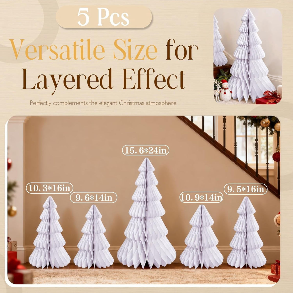 5 Pack Honeycomb Paper Christmas Trees, 3D Christmas Table Centerpieces for Mantel Tabletop Winter Home Decor