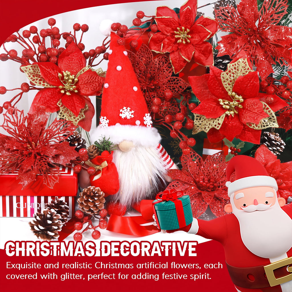 Ayieyill 56Pcs Poinsettia Christmas Flowers Decorations Christmas flower ornaments Artificial Glitter Berry Stems Christmas Pine Cones Christmas Tree Ornaments Set Christmas Tree Decorations (Blue)