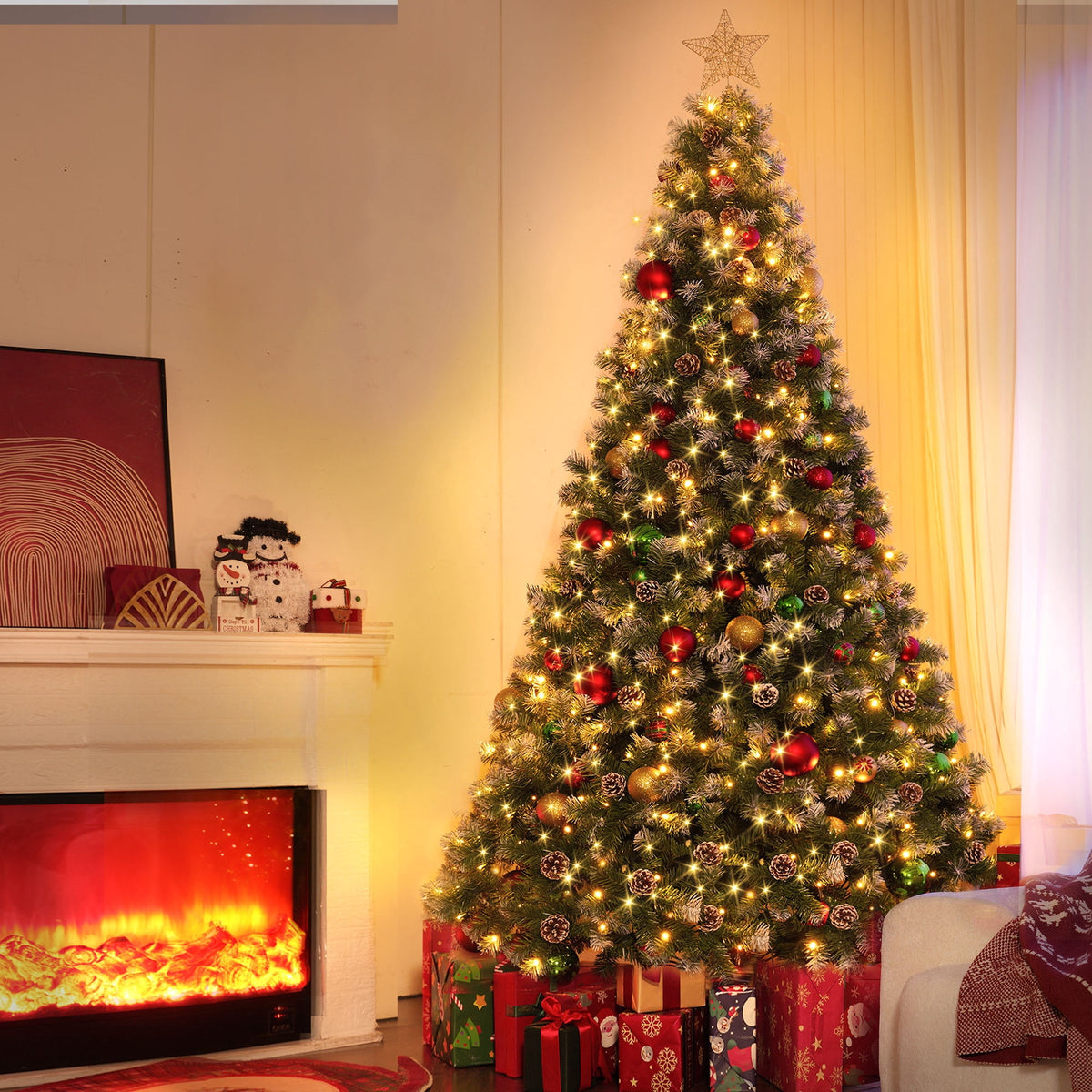 Yexmas 7.5ft Pre-Lit Christmas Tree with Tree Topper, 8 Modes LED Lights, Artificial Xmas Tree with Large Storage Bag