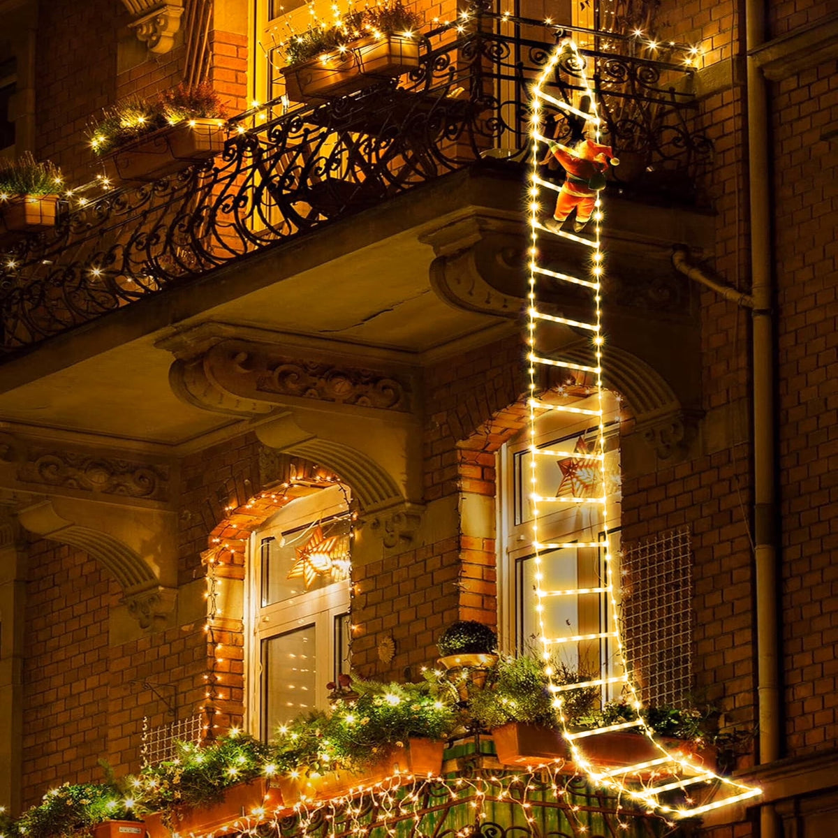 Morfone Christmas Decorations LED Ladder Lights with Climbing Santa Claus, 10.5ft Christmas Decorative String Lights for Indoor Outdoor, Window, Garden, Home, Wall, Xmas Tree Decor, Multicolor