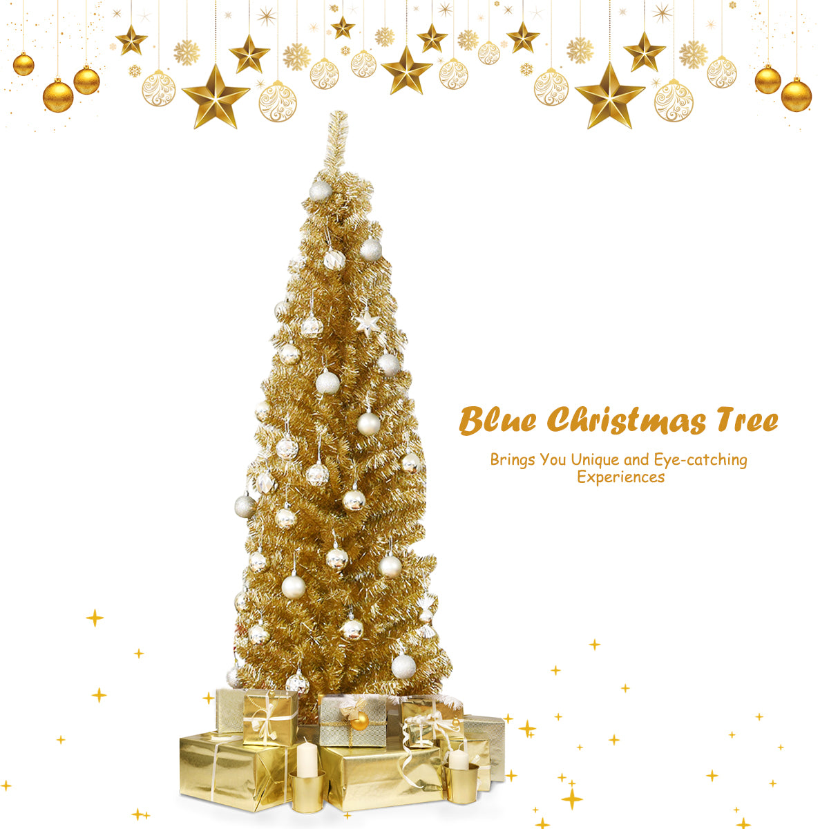 Gymax 6ft Pencil Artificial Christmas Tree Electroplate Pencil Tree (Blue)