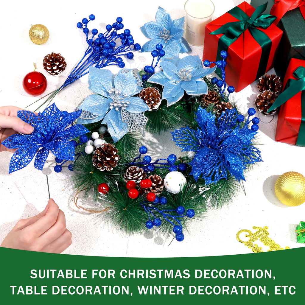 Ayieyill 56Pcs Poinsettia Christmas Flowers Decorations Christmas flower ornaments Artificial Glitter Berry Stems Christmas Pine Cones Christmas Tree Ornaments Set Christmas Tree Decorations (Pink)
