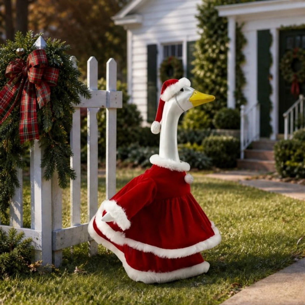 AZXY Thanksgiving Porch Goose Outfit, 23 Inch Lawn Goose Costume with Pilgrim Hat & Pumpkin Turkey Print Dress, Goose Clothes for Cement Plastic Goose Statue, Outdoor Yard Patio Fall Garden Decor