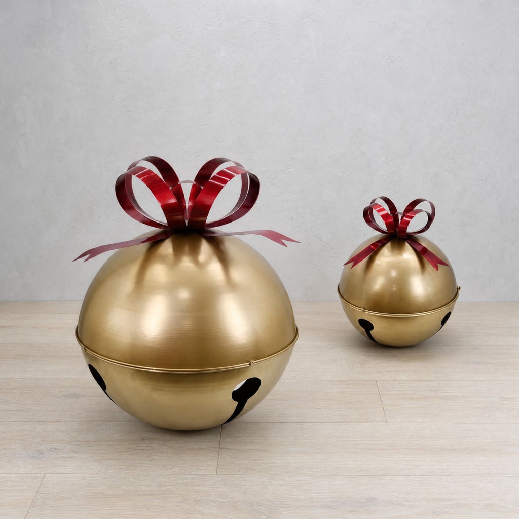 Luckky Oversized Gold Christmas Jingle Bell Ornament with Red Bow, Large Metal Sleigh Bell Decor, Giant Decorative Bell for Porch, Yard, Indoor Outdoor Christmas Holiday Display, Set Of 2