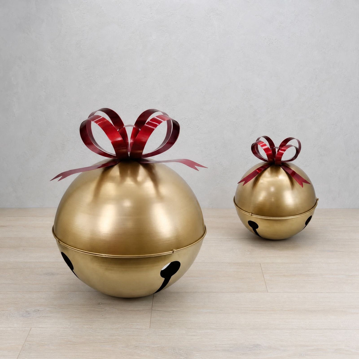 Luckky Oversized Gold Christmas Jingle Bell Ornament with Red Bow, Large Metal Sleigh Bell Decor, Giant Decorative Bell for Porch, Yard, Indoor Outdoor Christmas Holiday Display, Set Of 2