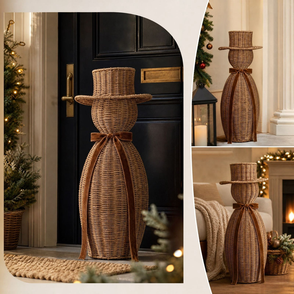FeiBiQiuBi 14.9" Resin Rattan Style Snowman, Rustic Snowman Decorations with Bow, Woven Natural Style Freestanding Design Winter Farmhouse Decor for Home Kitchen Garden, Holiday Table Mantel Decor