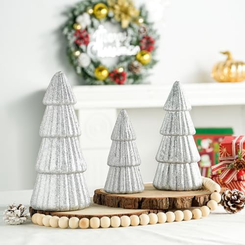 3 Piece Silver Glitter Artificial Christmas Tree Decorations Foam Tabletop Trees for Mantel and Holiday Party Decor