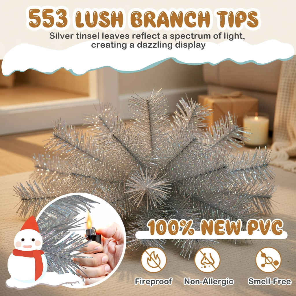 Resenkos 6-Ft Artificial Christmas Tree with Warm White LED Lighting - Silver