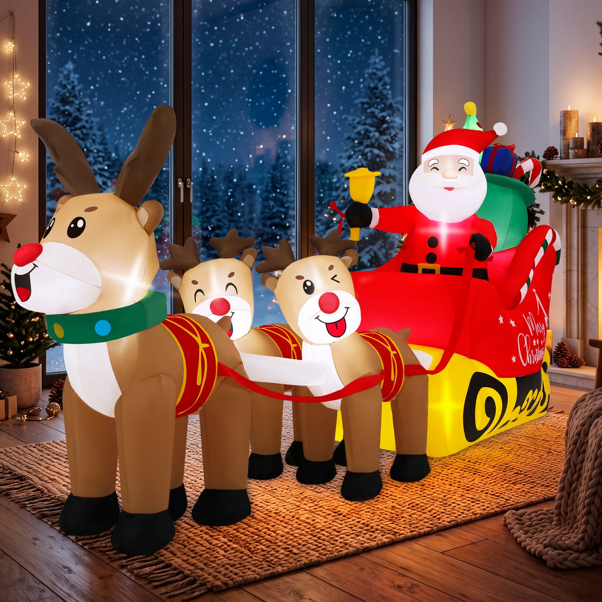 Firstness 8ft Christmas Inflatables Santa Claus on Sleigh with 3 Reindeer Xmas Blow ups with LED Lights Outdoor Yard Lawn Decoration
