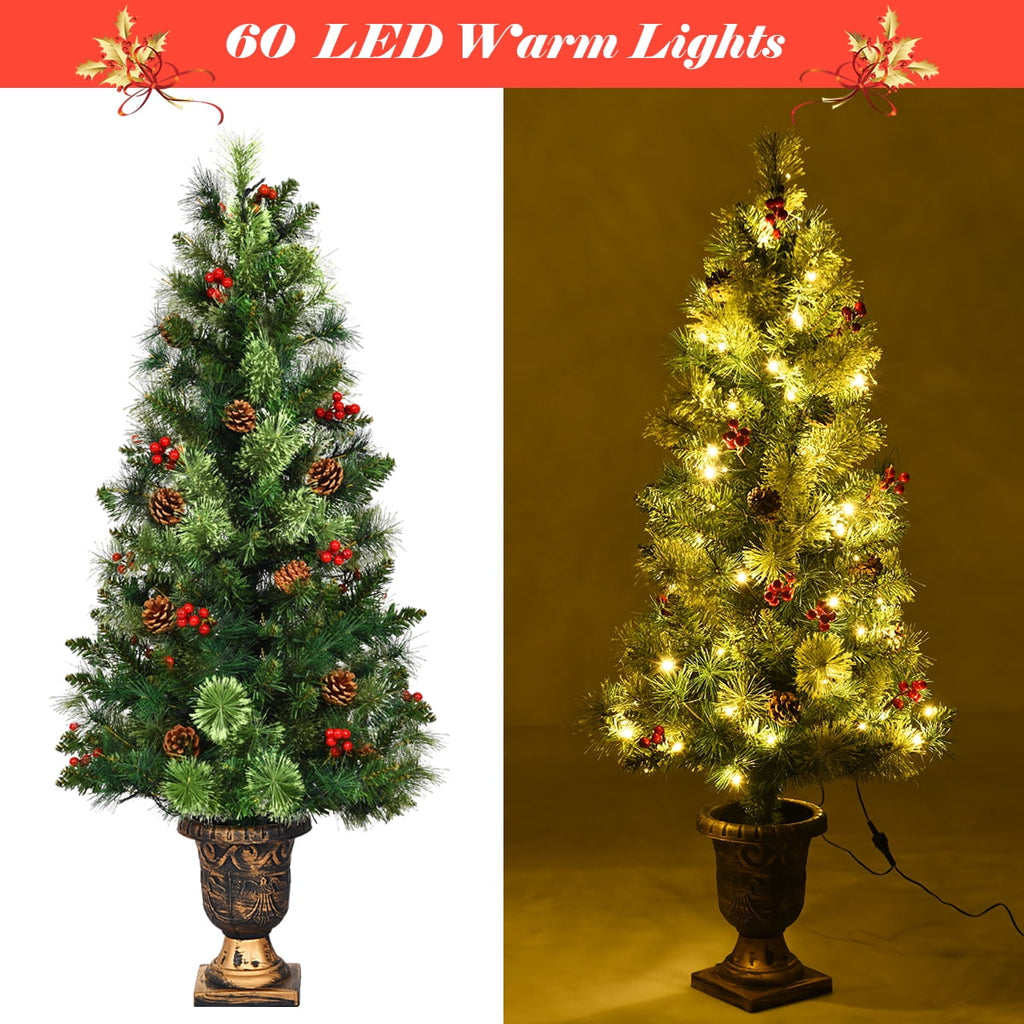 Costway 4ft Pre-Lit Christmas Entrance Tree In Urn w/ 60 LED Light Red Berries Pine Cone