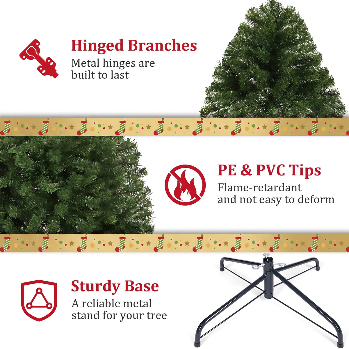 Legooin 7.5FT Pre-lit Artificial Christmas Tree with 1300 Branch Tips + 400 Multicolored Lights, 3-Section Easy Assembly Xmas Tree with Metal Stand for Indoor Outdoor Holiday Decor, Green