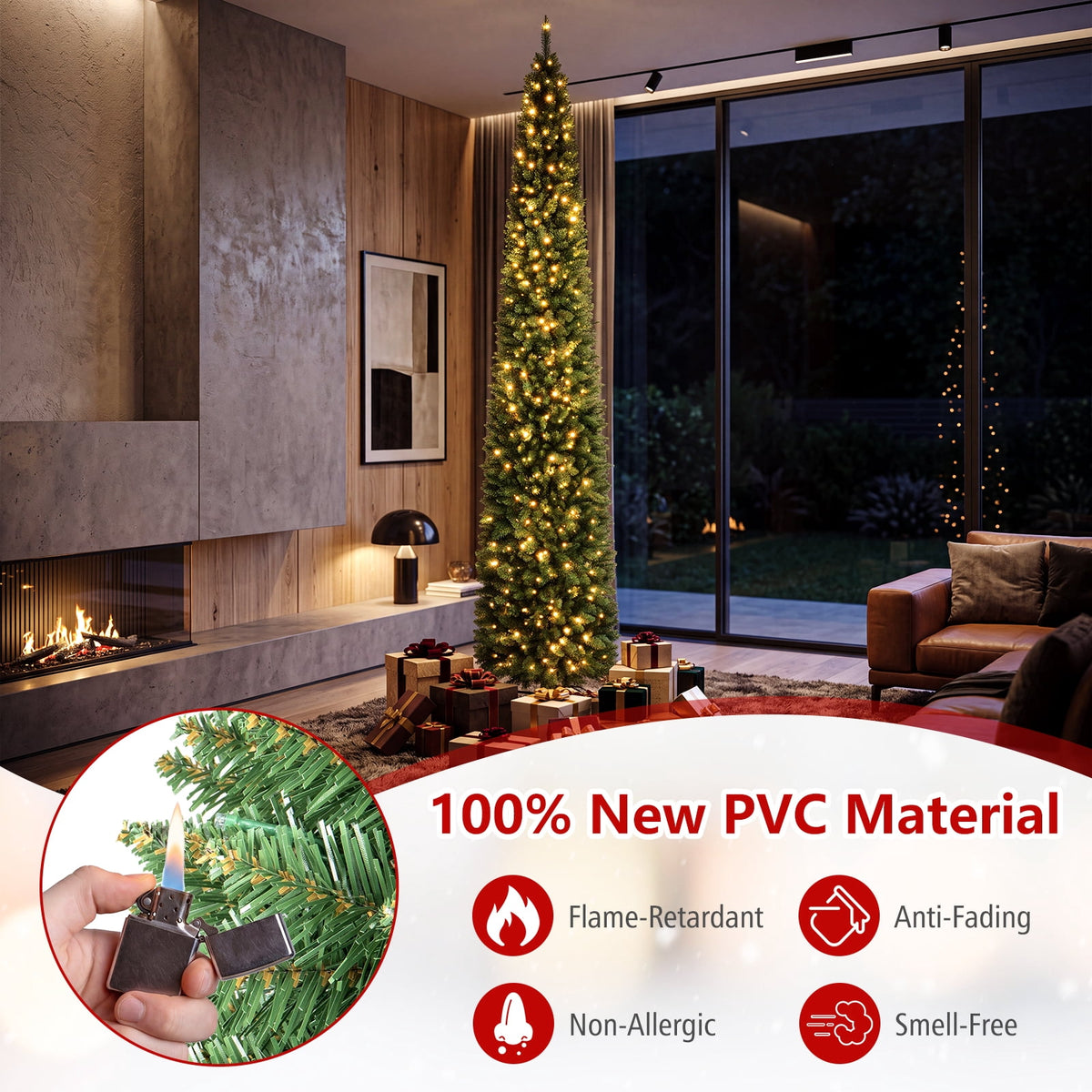 Costway 5 FT Pre-Lit Pencil Christmas Tree with 150 LED Lights & 296 Branch Tips Party