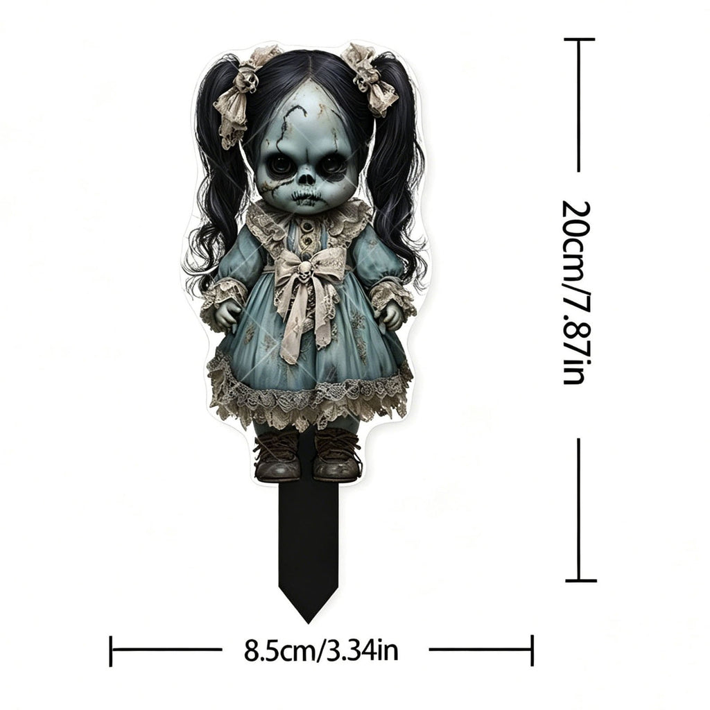erdimoy 7.87in Tall Creepy Vintage Horror Doll Yard Stakes, 2D Waterproof Acrylic Spooky Ghost Doll Lawn Plug-In Ornaments, Scary Graveyard Garden Pathway Decor for Halloween Outdoor