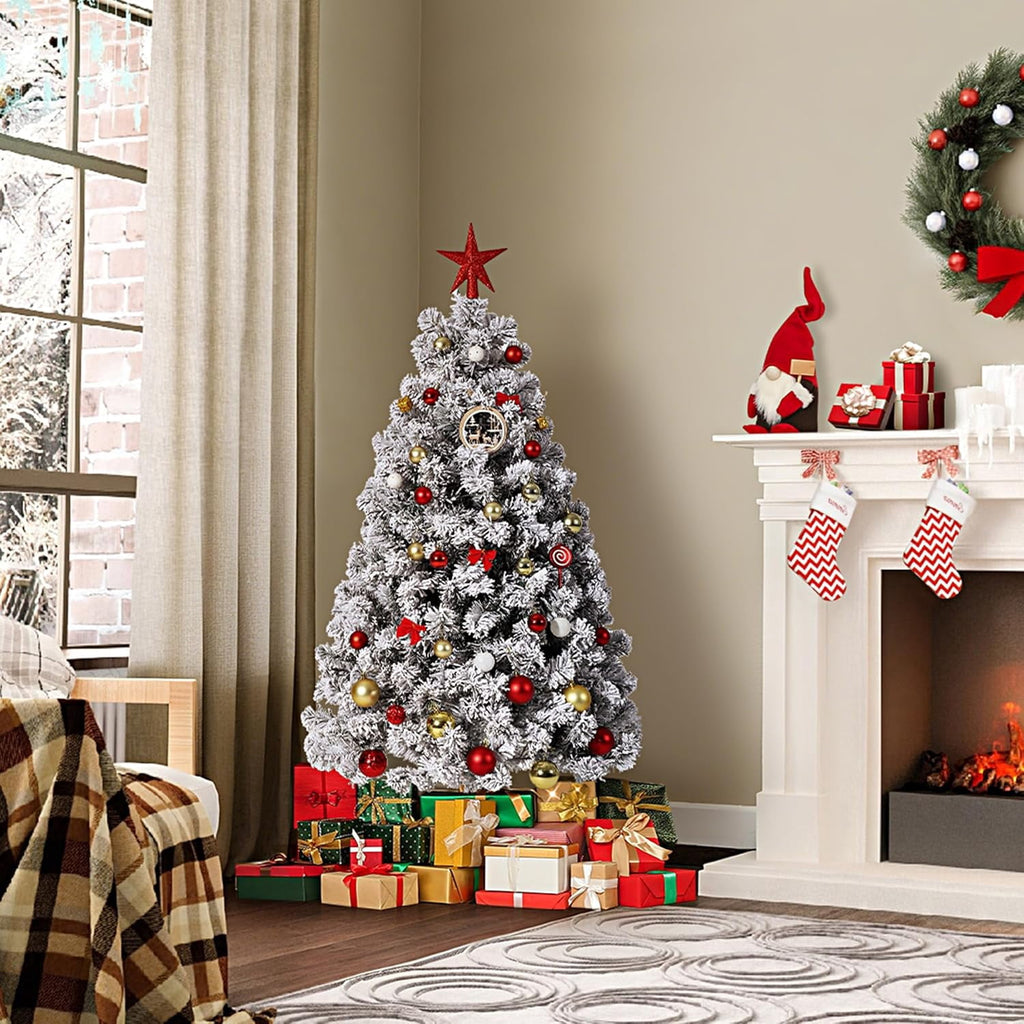 4.5Ft Artificial Christmas Tree, Snowy Flocked Green, 100 Warm White Lights, Quick Hinged Setup, Foldable Metal Base, Foot Pedal Control, Realistic Branch Tips, Indoor Seasonal Decor for Home, Office