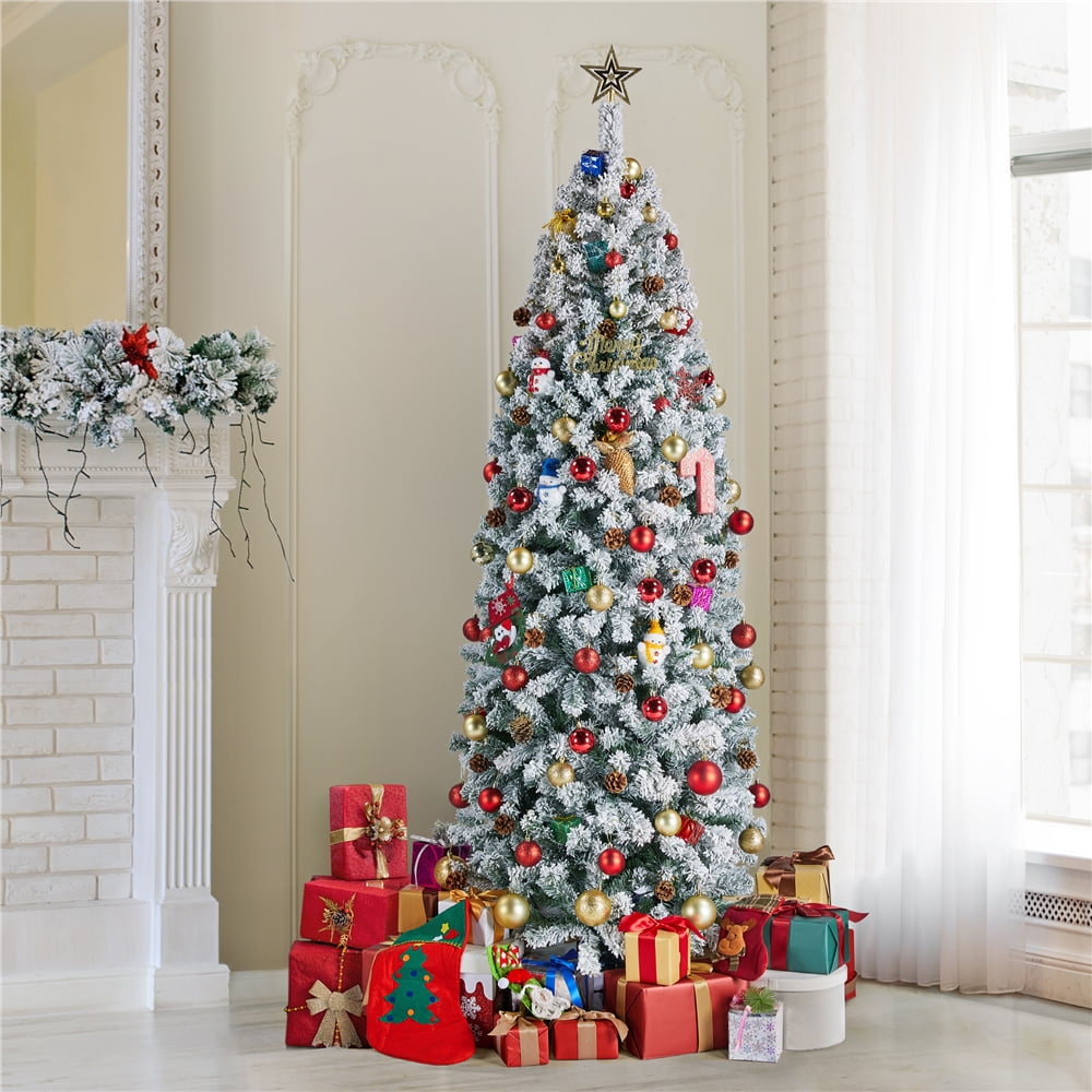 Renwick 6 Ft Snow Frosted Artificial Christmas Tree Holiday Decorative Tree with Pencil Shape Metal Stand, Green