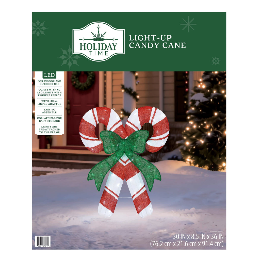 Indoor/Outdoor Light-Up Tinsel Candy Cane Christmas Decoration with 60 Twinkling LED Lights, Warm White, 36", by Holiday Time