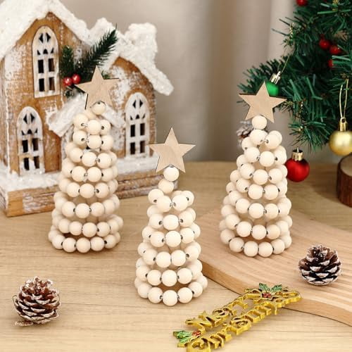 3 Pcs Christmas Tree Decor 3 Sizes 6/8/10 Inch Small Boho Artificial Christmas Tree Tabletop Decor for Home Shelf Mantel Table Party Supplies(Bead Style,Wood)