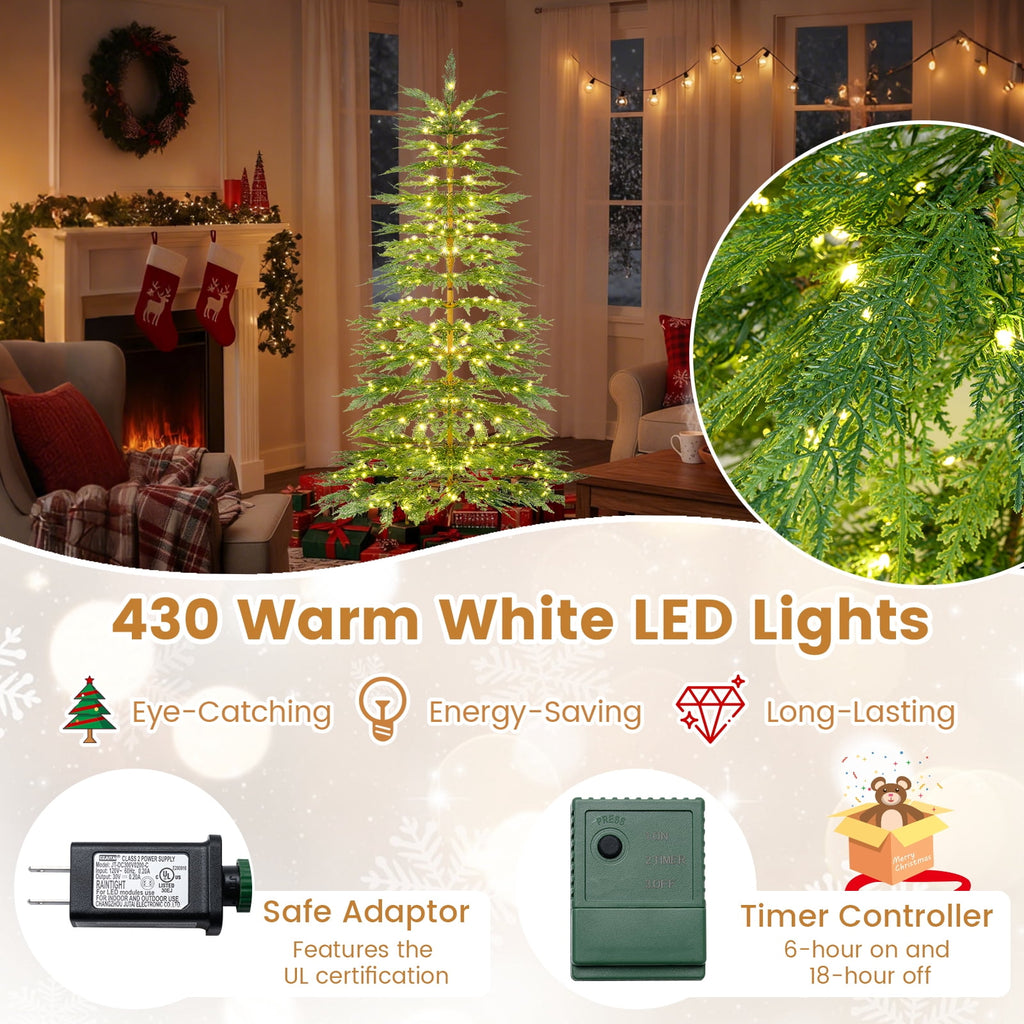 Costway 6.5 FT Pre-Lit Cypress Christmas Tree Hinged with 470 PE Branch Tips Timer & 430 Lights