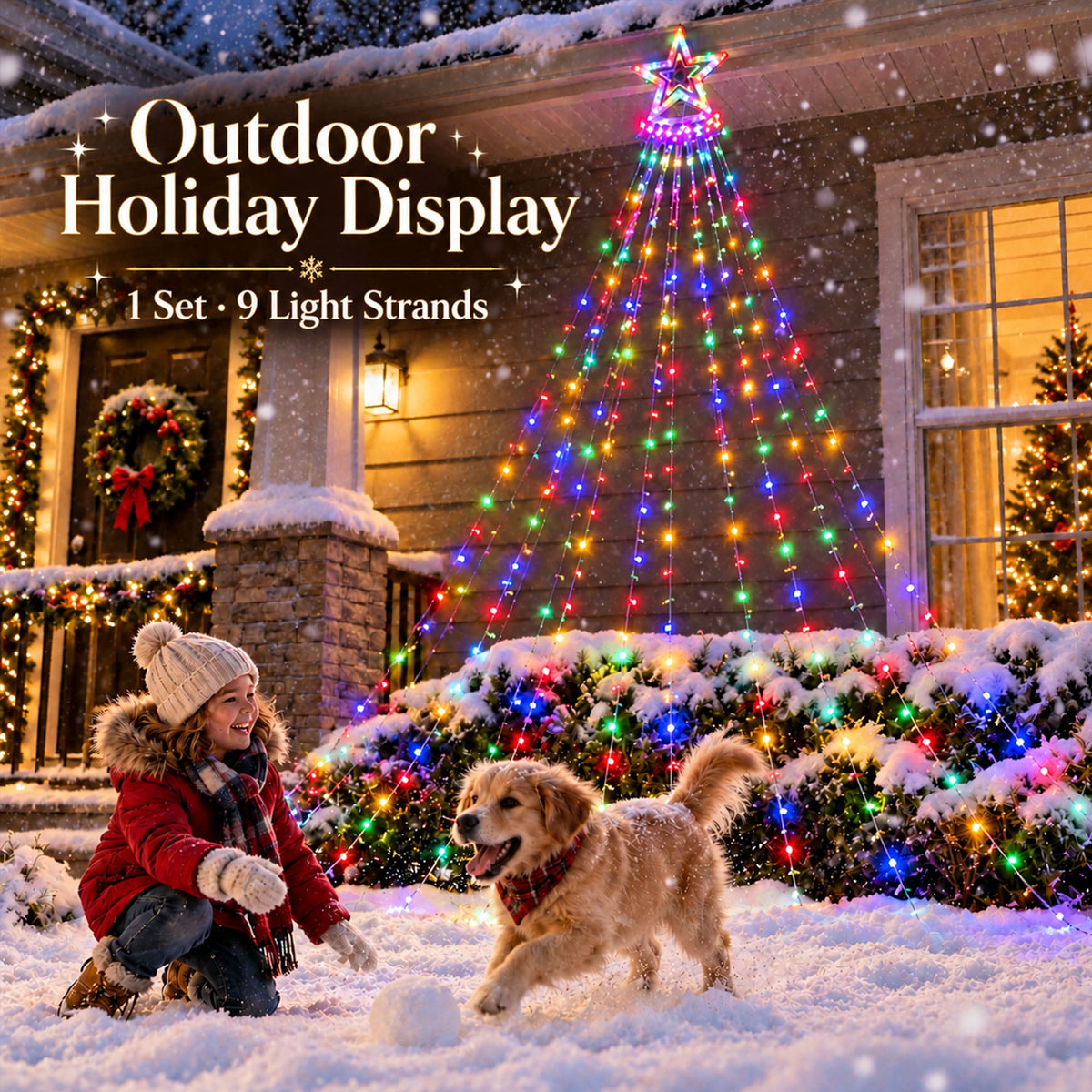 Qunler Outdoor Christmas Decoration Lights, 8 Modes & 350 LED Christmas Waterfall Fairy Tree String Lights Indoor Outdoor Holiday Lighting Decorations, Multicolor, Plug-in