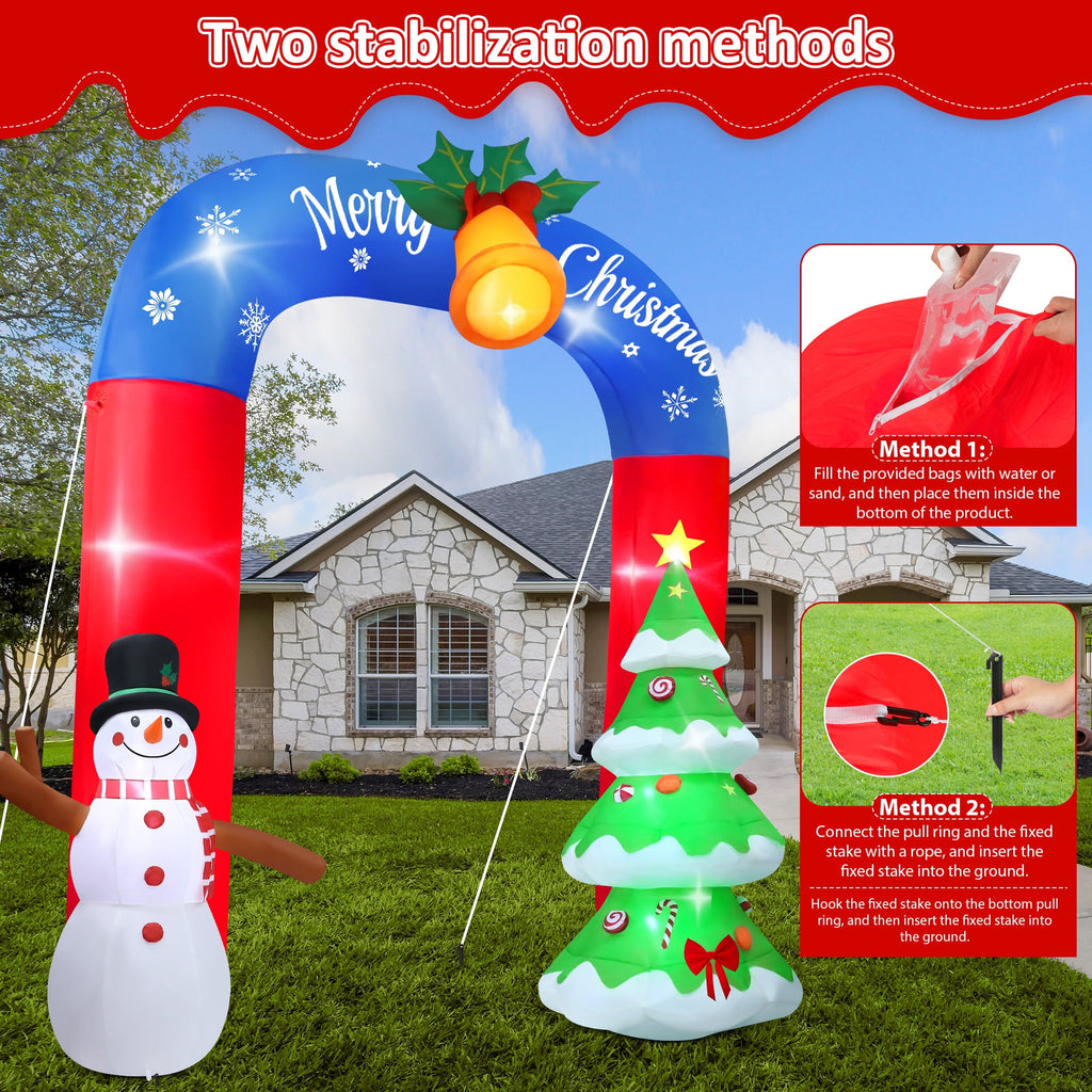 Yexmas 8FT Christmas Inflatable Archway,Christmas Blow Up Yard Decorations with Santa Claus and Snowman,Outdoor Christmas Decorations with Bow LED Lights