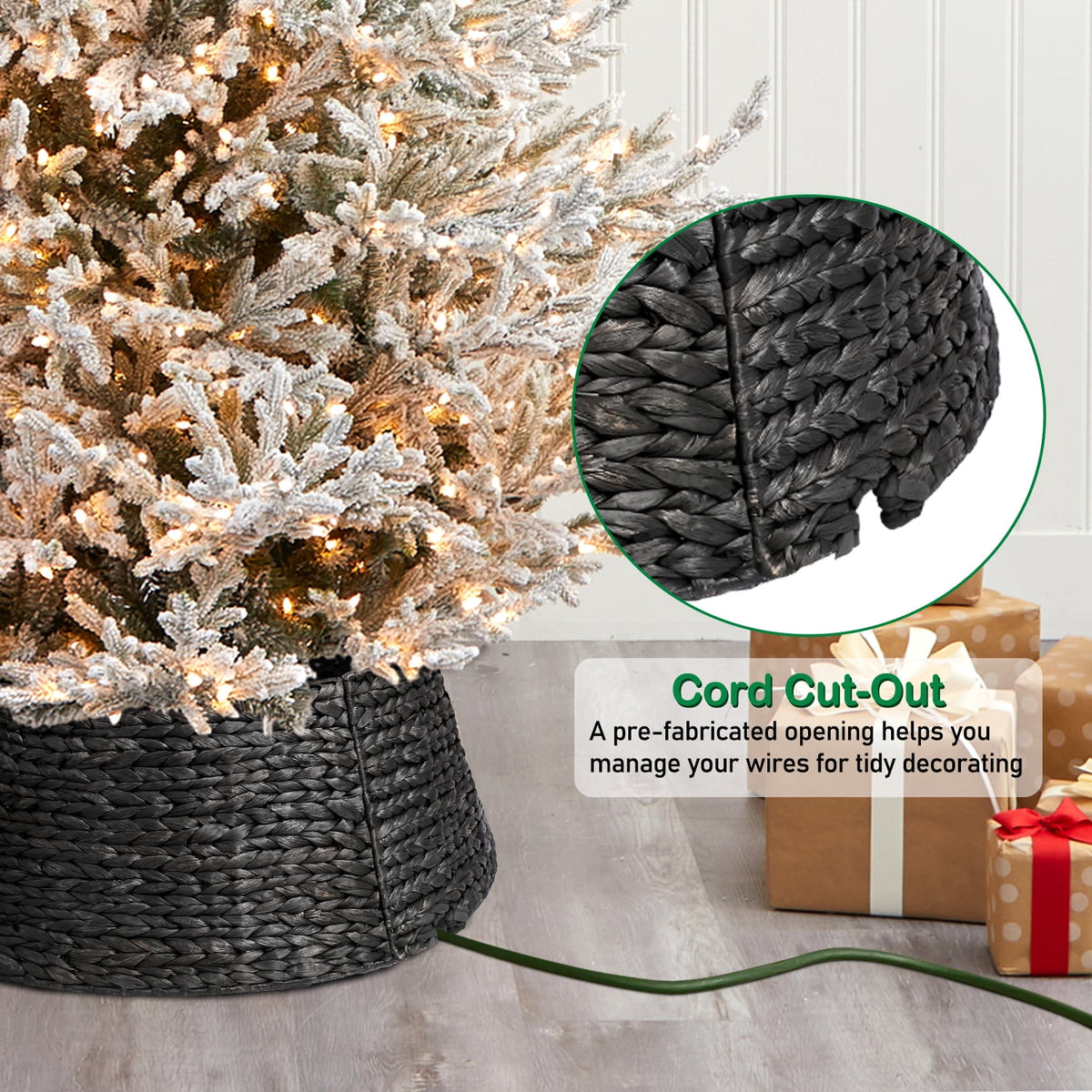 Ayieyill 26in Woven Hyacinth Christmas Tree Collar, Christmas Tree Decorations, Tree Skirt Accessory w/ Cord Cut-Out | Black
