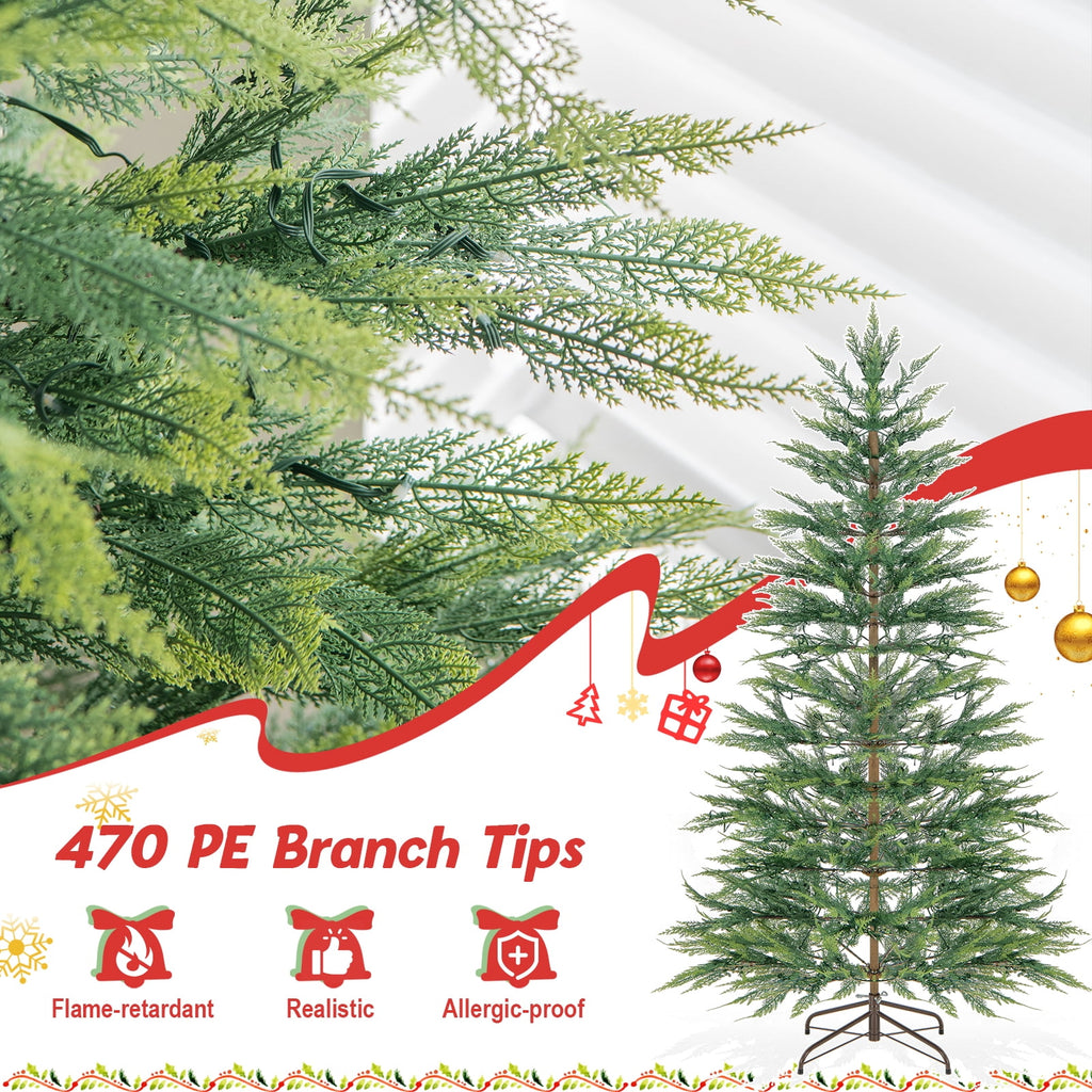 Topbuy 6.5 FT Artificial Cypress Christmas Tree Pre-lit Hinged Xmas Tree with 430 Warm White LED Lights 470 Highly Simulated Branch Tips