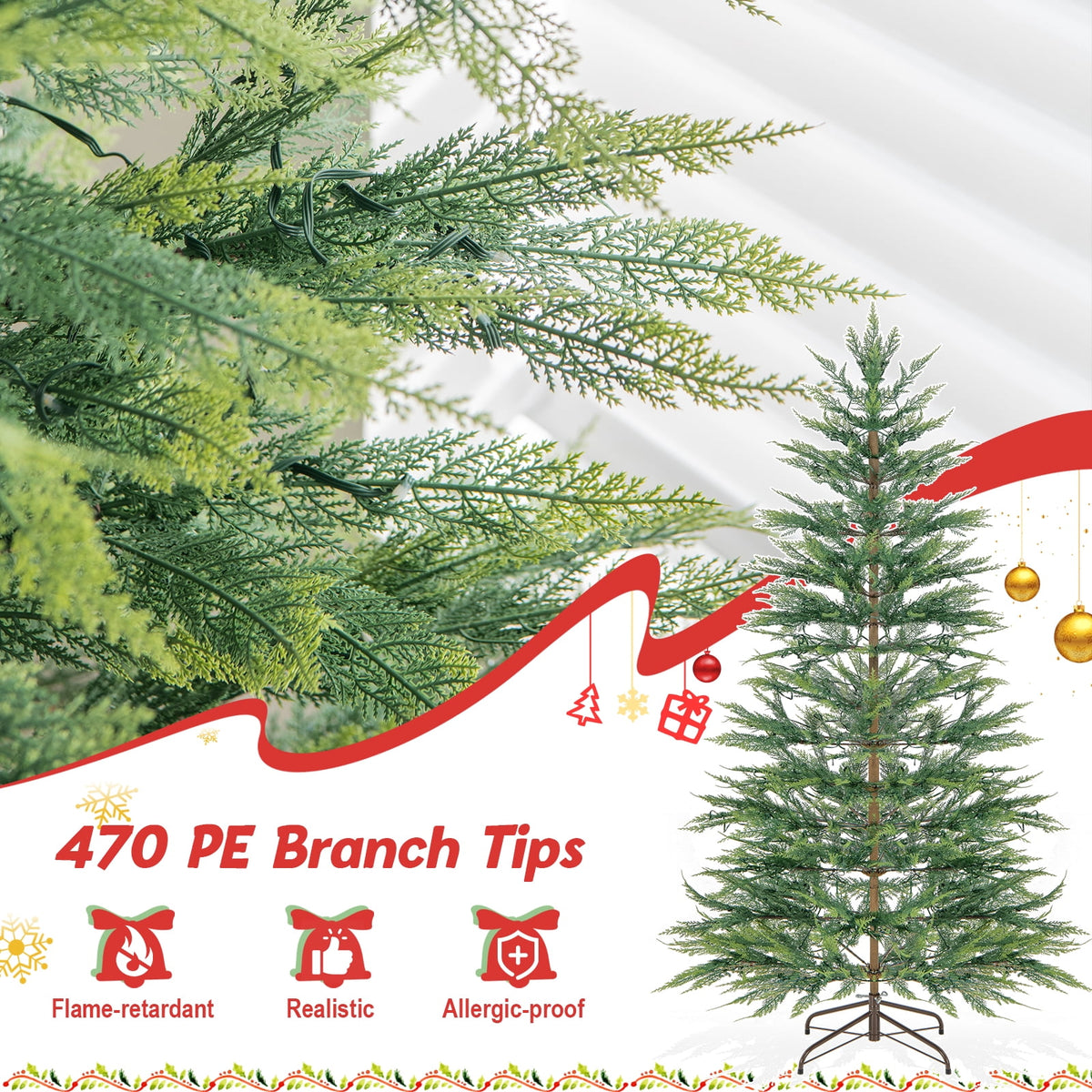 Topbuy 6.5 FT Artificial Cypress Christmas Tree Pre-lit Hinged Xmas Tree with 430 Warm White LED Lights 470 Highly Simulated Branch Tips
