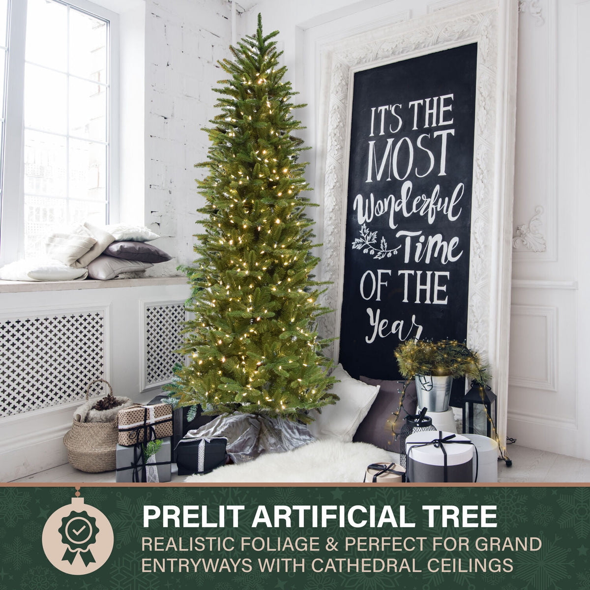 Fraser Hill Farm 6.5-Ft. Carmel Pine Slim Christmas Tree with White Incandescent Smart Lights, FFCP065-3GR