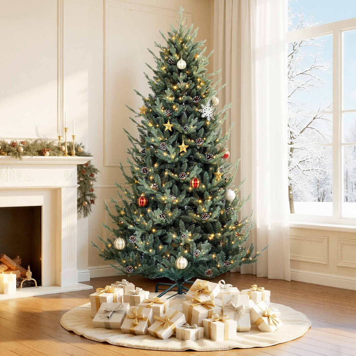Dextrus 7.5 ft Prelit Spruce Christmas Tree with 51 Pine Cones, Hinged Artificial Christmas Tree with 1938 PE&PVC Tips & 500 Lights,11 Light Modes, Remote Control